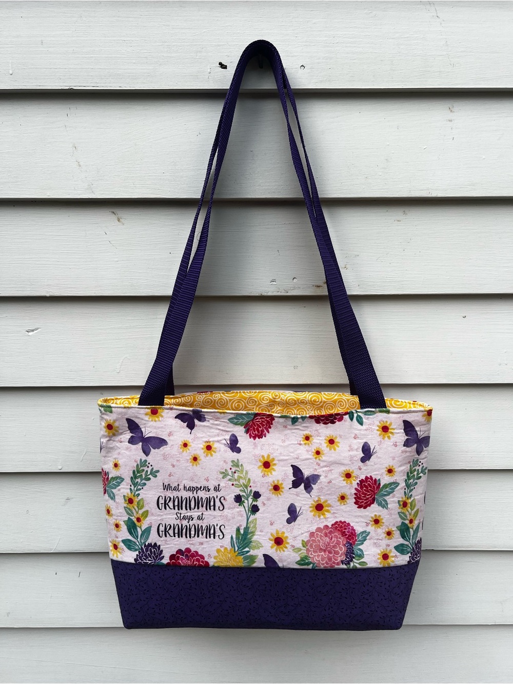 Purple Floral Butterfly Tote Bag with Yellow Interior